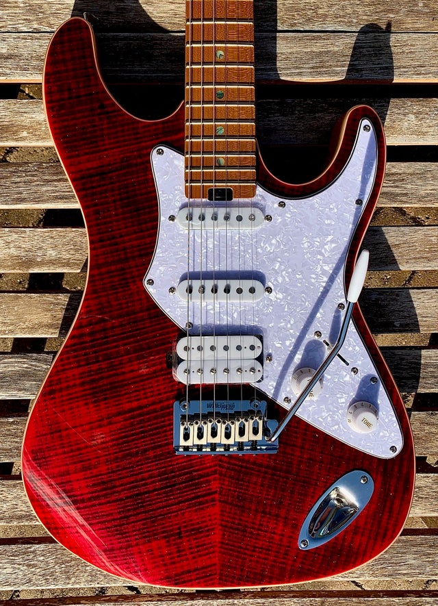 Aria Pro II 714-MK2 FULLERTON Ruby Red Flame Top HSS Electric Guitar